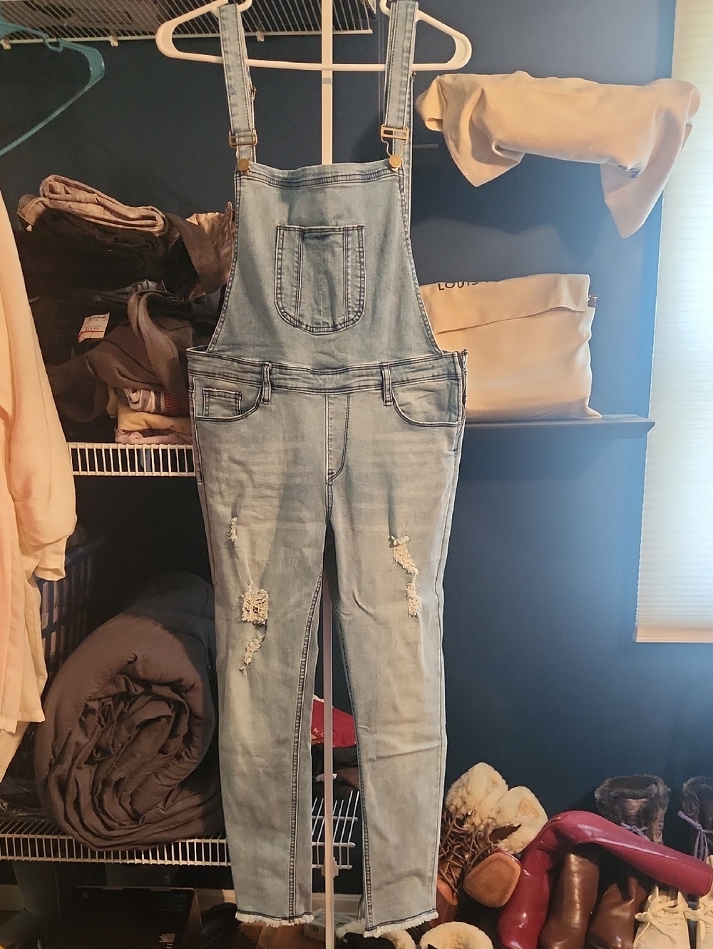 NWT Light Wash Distressed Denim Overalls - Women Size Large